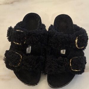 Birkenstock Arizona Black Fuzzy Sandals with Gold Buckles